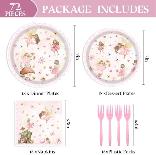 72PCS Fairy Plates and Napkins Birthday Party Supplies