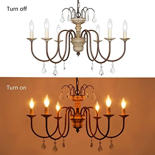 French Country 6-Light Wood Farmhouse Chandelier with Crystal Pendant