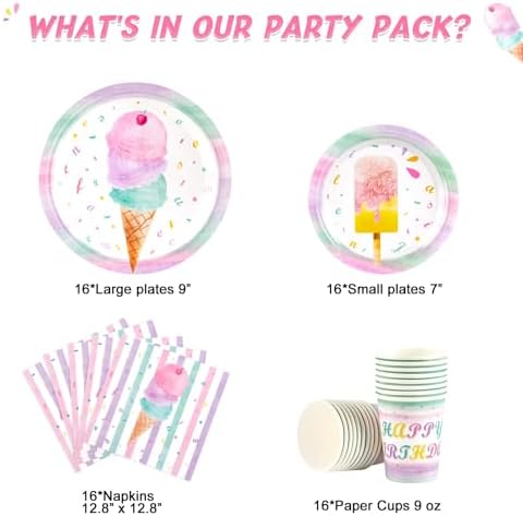 WERNNSAI Ice Cream Party Plates Napkins Cups Set