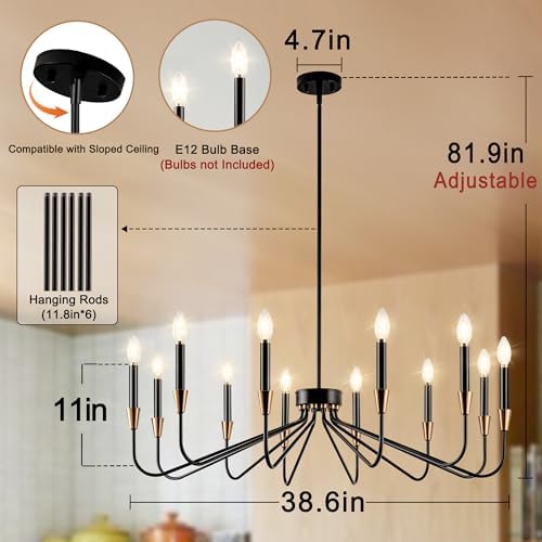 12-Light Black Modern Farmhouse Chandelier for Dining Room and Entryway