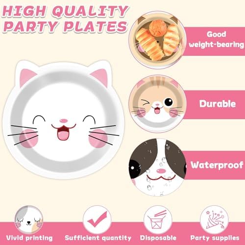 ZOIIWA 48Pcs Cat Shaped Paper Plates Birthday Party Set