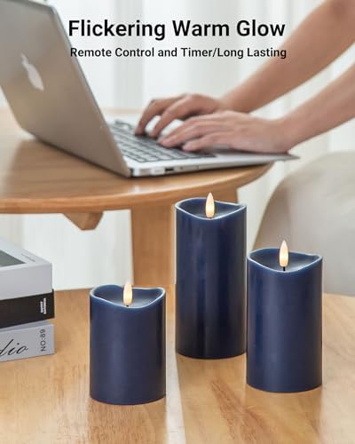 Velsyn Navy Blue Flameless Candles with Remote and Timer