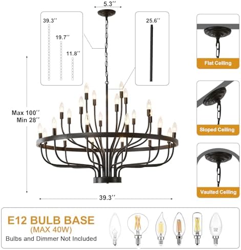 393 Inch Black Chandeliers for Dining Room 24 Light