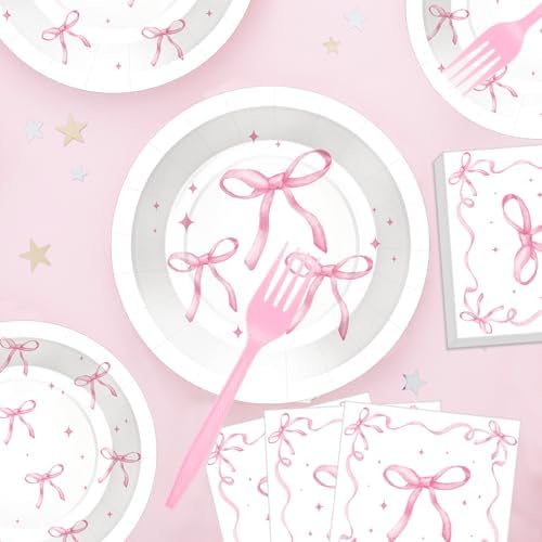 100 Pcs Pink Ribbon Bow Party Tableware Set Serves 25