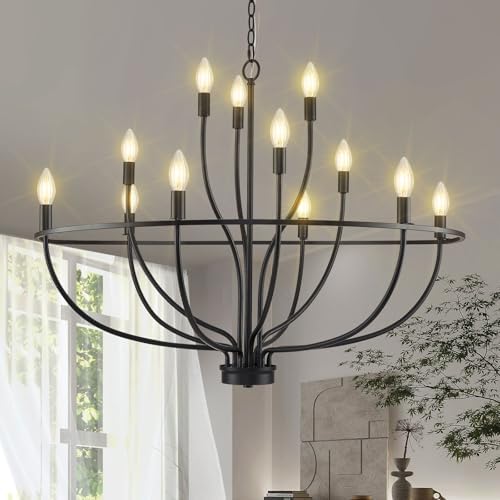 12 Light Black Chandelier - Modern Farmhouse Style