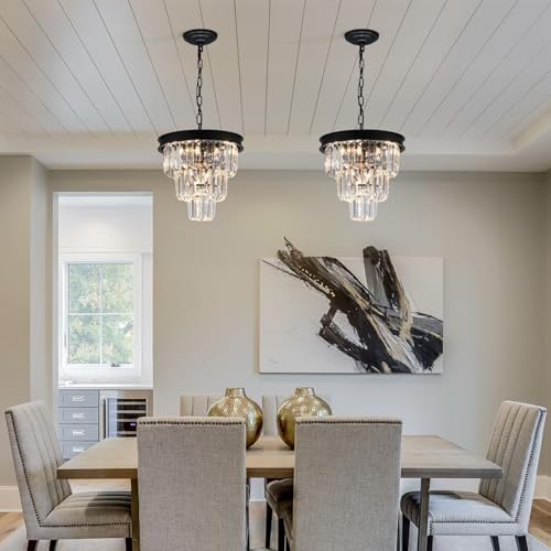 Modern Black Crystal Chandelier 3-Tier Dining Room Light Fixture
