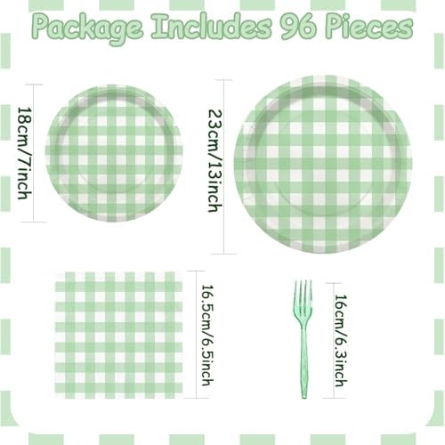 96 Pcs Sage Green Plaid Tableware Set for Baby Shower
