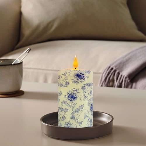 Flameless Pillar Candle 4 Blue and White Porcelain Design with Remote Control