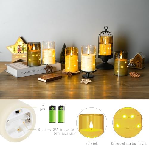 Flameless LED Candles with Star String Set of 2 Gold Remote and Timer