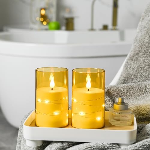 Flameless LED Candles with Star String Set of 2 Gold Remote and Timer