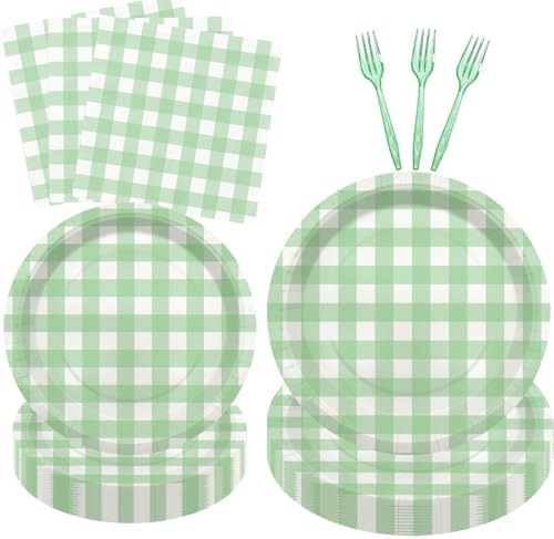 96 Pcs Sage Green Plaid Tableware Set for Baby Shower