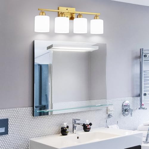 4 Light Gold Vanity Light Fixture with Frosted Glass Shades