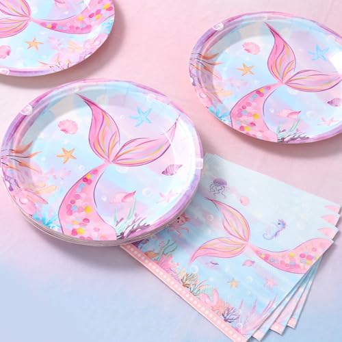 Wernnsai Mermaid Paper Plates - 100PCS Birthday Party Tableware for Kids