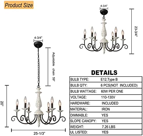 Farmhouse Chandelier 6 Light White Wood Black Metal Pendant