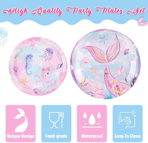 Wernnsai Mermaid Paper Plates - 100PCS Birthday Party Tableware for Kids