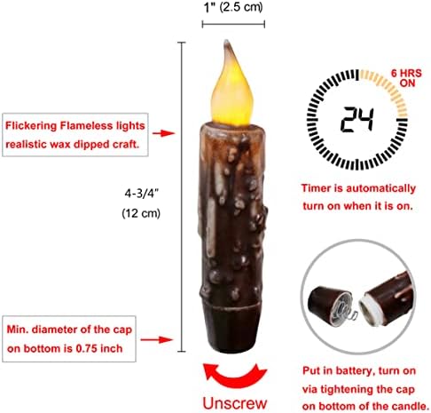 CVHOMEDECO Real Wax LED Timer Taper Candles 4-34 Inch Brown 2 Pack
