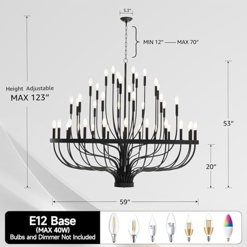 60 Inch 48 Light Black Chandelier for High Ceilings