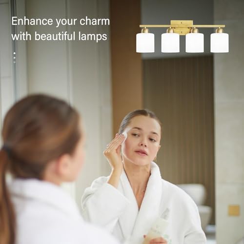 4 Light Gold Vanity Light Fixture with Frosted Glass Shades