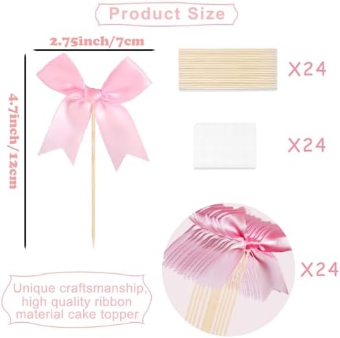 24PCS Pink Bow Cupcake Toppers for Birthday Parties