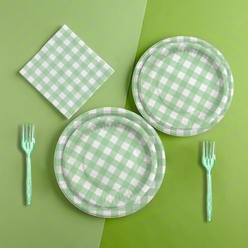 96 Pcs Sage Green Plaid Tableware Set for Baby Shower