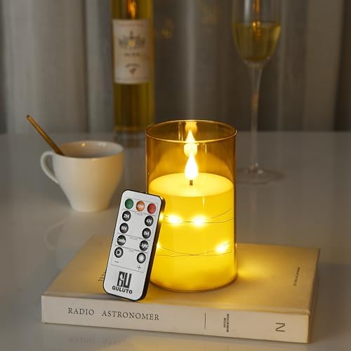Flameless LED Candles with Star String Set of 2 Gold Remote and Timer