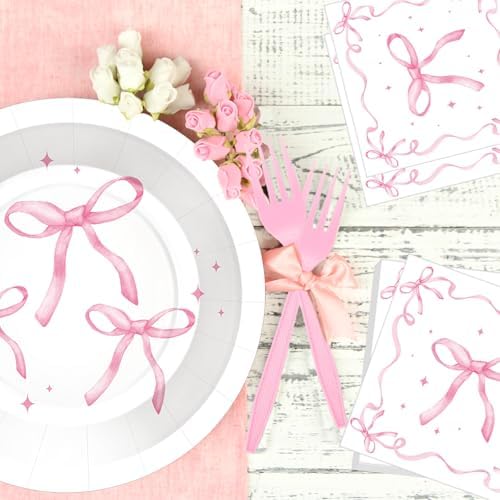 100 Pcs Pink Ribbon Bow Party Tableware Set Serves 25