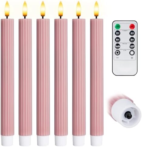 6 Pack LED Flameless Dusty Rose Taper Candles with Remote 24H Timer