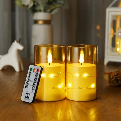 Flameless LED Candles with Star String Set of 2 Gold Remote and Timer