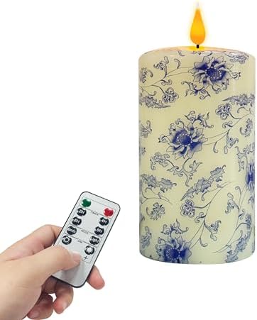 Flameless Pillar Candle 4 Blue and White Porcelain Design with Remote Control