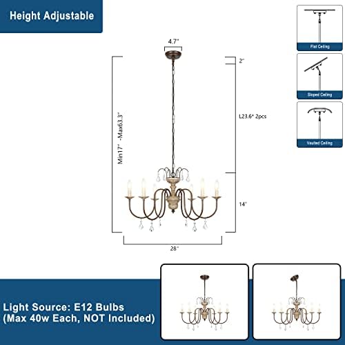 French Country 6-Light Wood Farmhouse Chandelier with Crystal Pendant