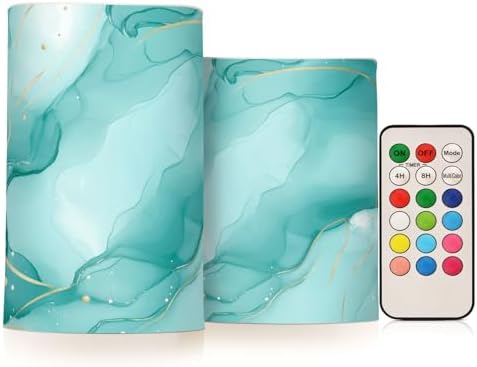 Turquoise Green Marble Flameless Candles with Remote Timer Set of 2
