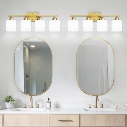 4 Light Gold Vanity Light Fixture with Frosted Glass Shades