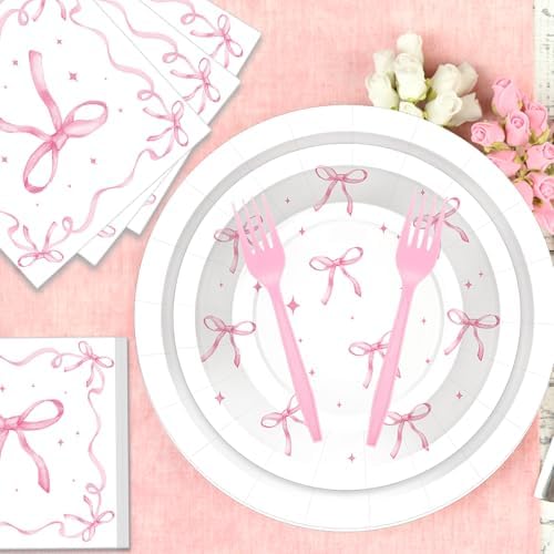 100 Pcs Pink Ribbon Bow Party Tableware Set Serves 25