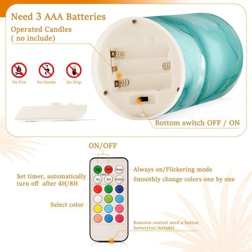 Turquoise Green Marble Flameless Candles with Remote Timer Set of 2