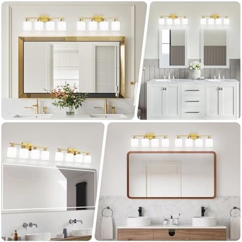 4 Light Gold Vanity Light Fixture with Frosted Glass Shades