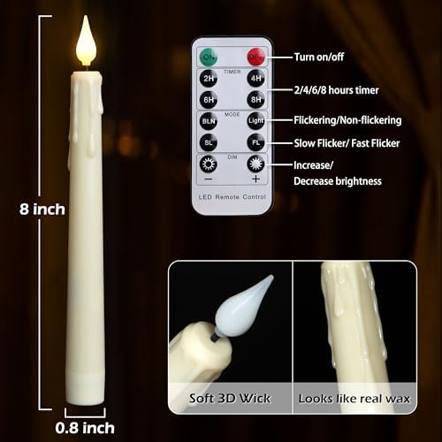 FREEPOWER 6PCS Rechargeable LED Flameless Taper Candles with Remote Timer