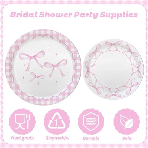 MEHOFOND 216 Pcs Pink Bow Party Plates Set for 24 Guests