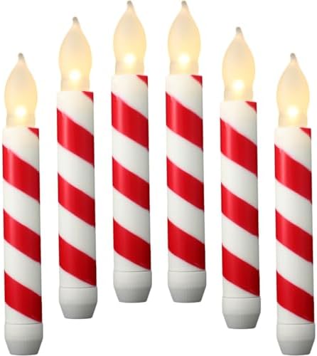 UPKOCH 6pcs Flameless Taper Candles Red White Striped LED Battery Operated