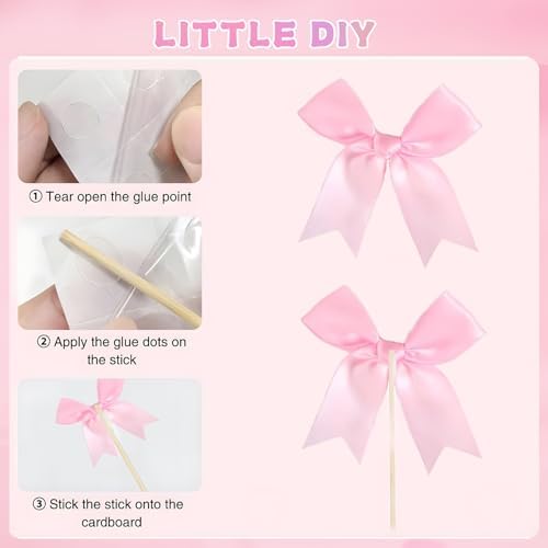 24PCS Pink Bow Cupcake Toppers for Birthday Parties