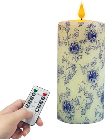 Flameless Pillar Candle with Remote Control 6 Inch Blue and Flower Design