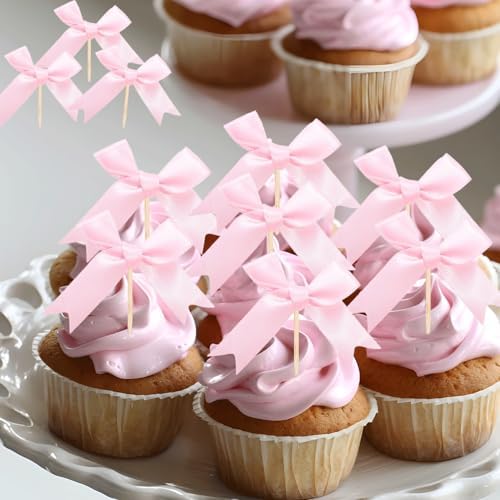 24PCS Pink Bow Cupcake Toppers for Birthday Parties