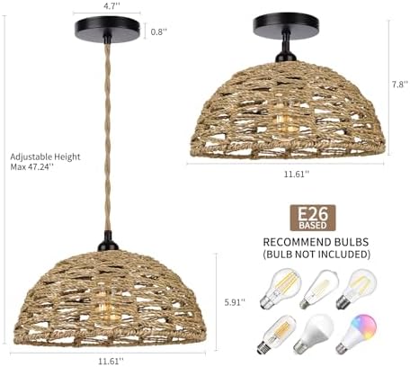 1161in Rattan Chandelier Boho Style Ceiling Light Fixture