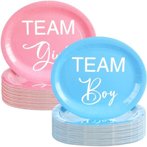 Suclain 50 Pcs Gender Reveal Plates Blue and Pink Oval Disposable Party Tableware