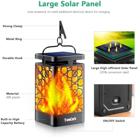 TomCare Solar Lanterns Outdoor 2 Pack Flickering Flame