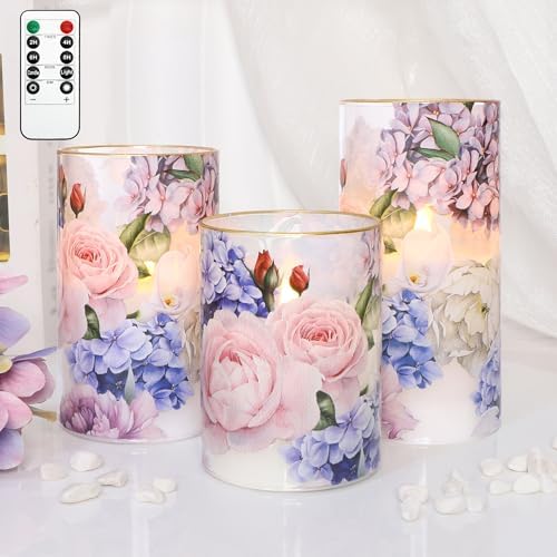 Silverstro Hydrangea Rose Flameless Candles Set of 3 With Remote Timer