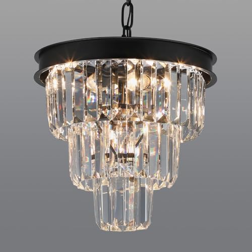 Modern Black Crystal Chandelier 3-Tier Dining Room Light Fixture