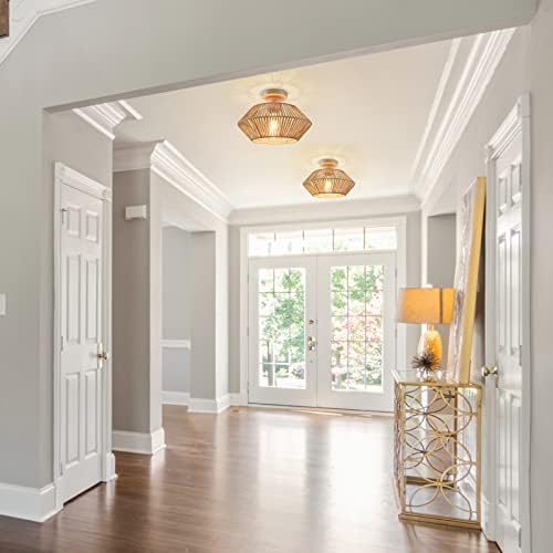 6-Light Black Farmhouse Chandelier with 1-Light Rattan Ceiling Light