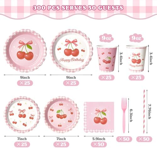Kinovo 300 Pcs Cherry Plates Napkins Set Serves 50