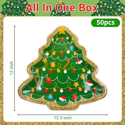 Christmas Tree Paper Plates 50 Count Large Xmas Party Plates