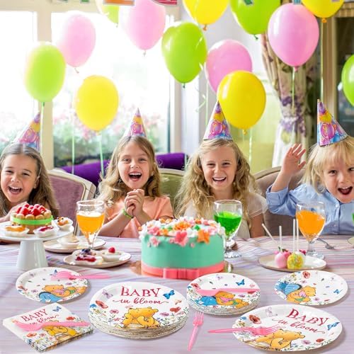 Wildflower Winnie Party Plates Set - 96PCS Disposable Dinnerware for 24 Guests